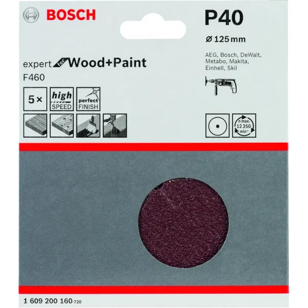 BOSCH  F460  JUEGO HOJAS ABRASIVAS REDONDAS, 125 MM, GRANULACIóN 40, 1 NOCHE, 5 PIEZAS