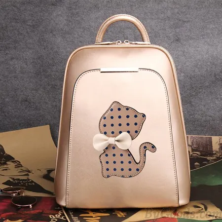 College Polka Dot Kitten Bow Mixed Colors School Cat Trapezoid Backpack