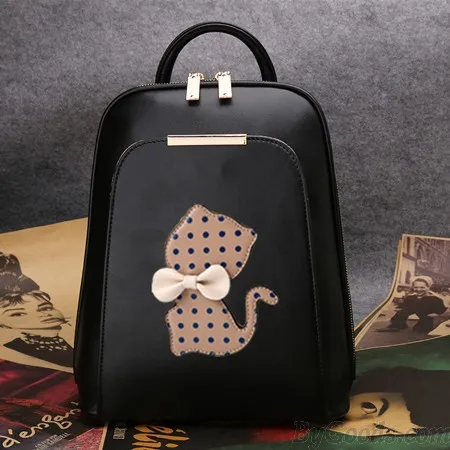 College Polka Dot Kitten Bow Mixed Colors School Cat Trapezoid Backpack