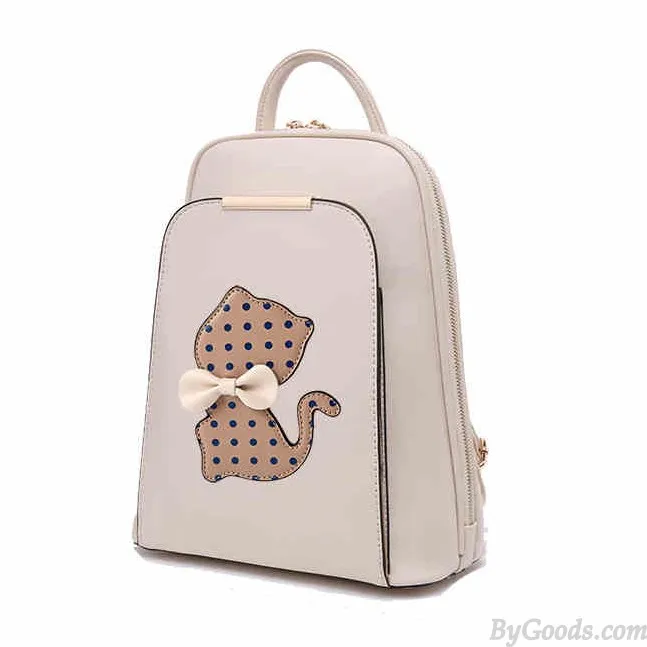 College Polka Dot Kitten Bow Mixed Colors School Cat Trapezoid Backpack
