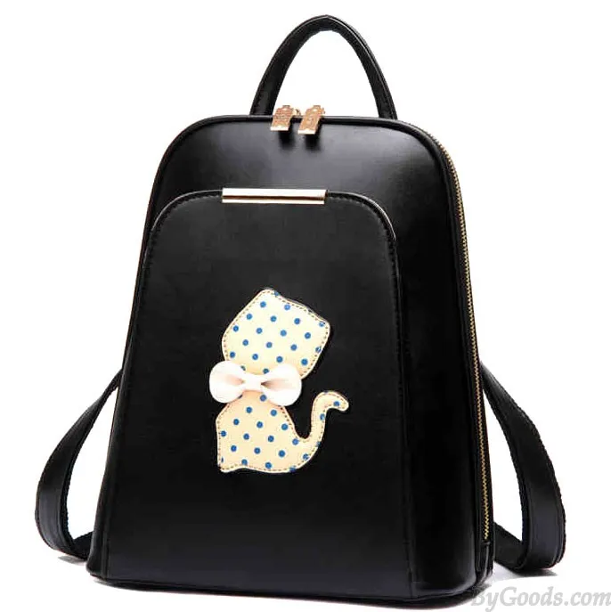 College Polka Dot Kitten Bow Mixed Colors School Cat Trapezoid Backpack