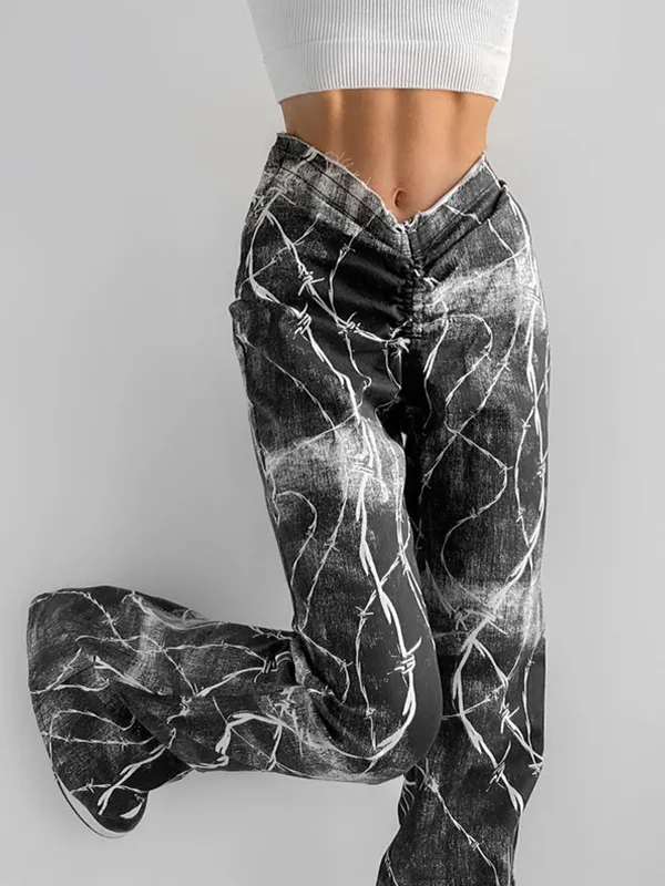 Pantalones cargo de cintura alta con cuello en V y teñido anudado
