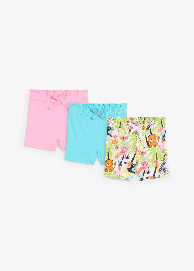 Pantalón corto para bebés (3 unidades) de algodón orgánico rosa+celeste+blanco