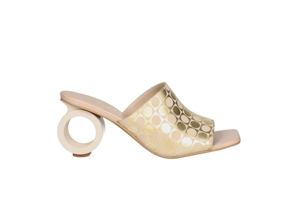 Pinky Nobuck Beige/dorado Estampado Cuadrados y Circulos Tacon Circular