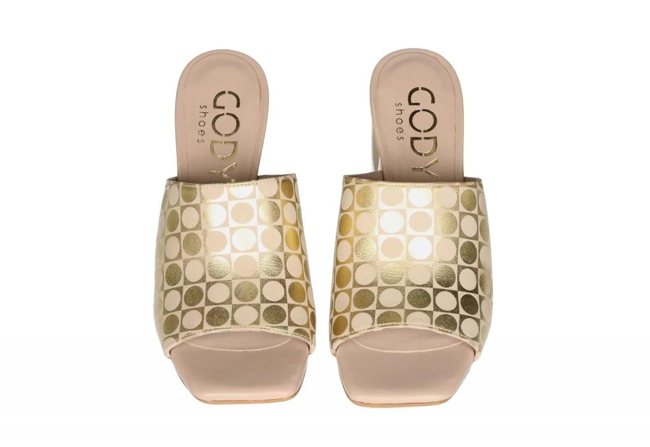 Pinky Nobuck Beige/dorado Estampado Cuadrados y Circulos Tacon Circular