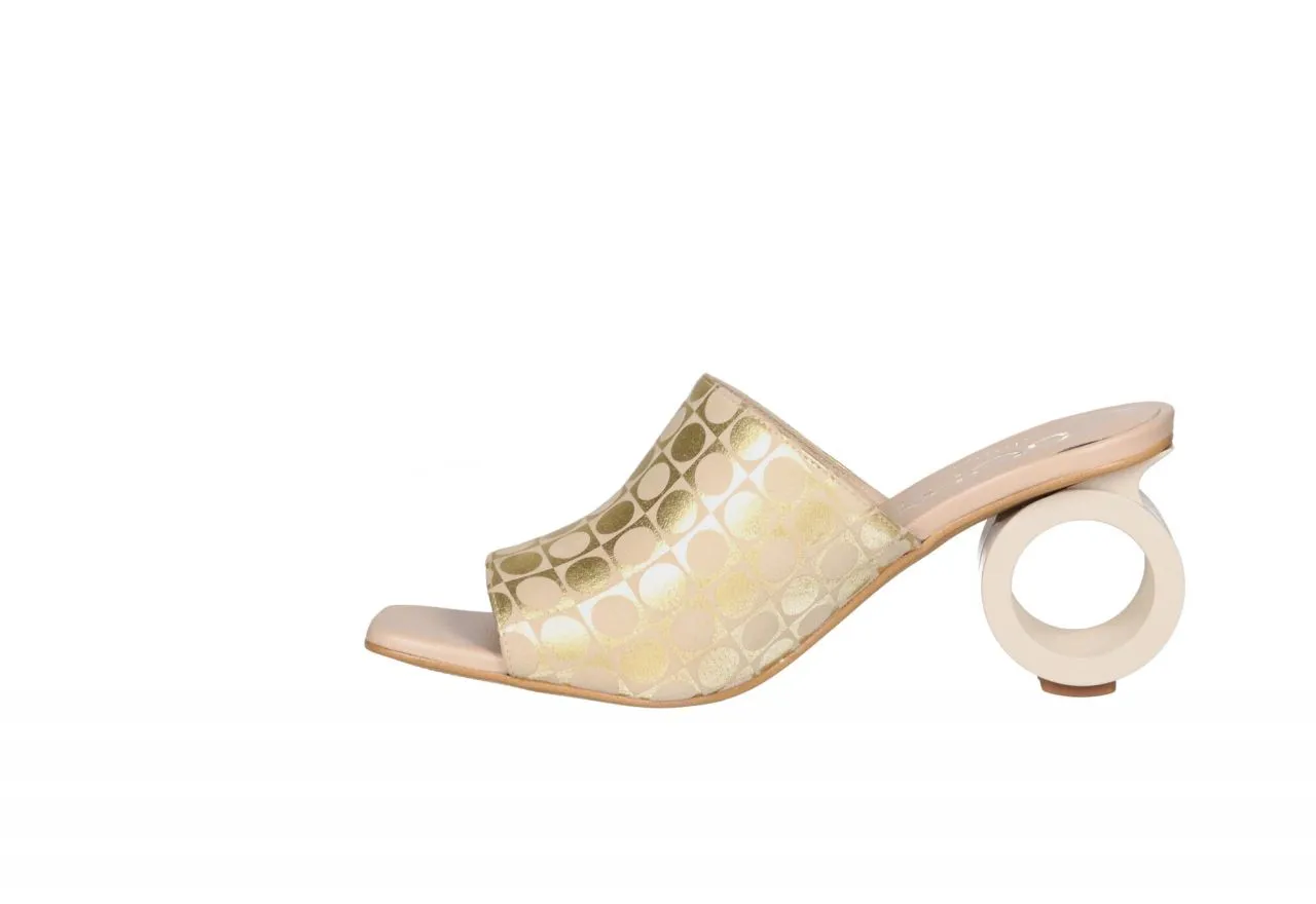 Pinky Nobuck Beige/dorado Estampado Cuadrados y Circulos Tacon Circular