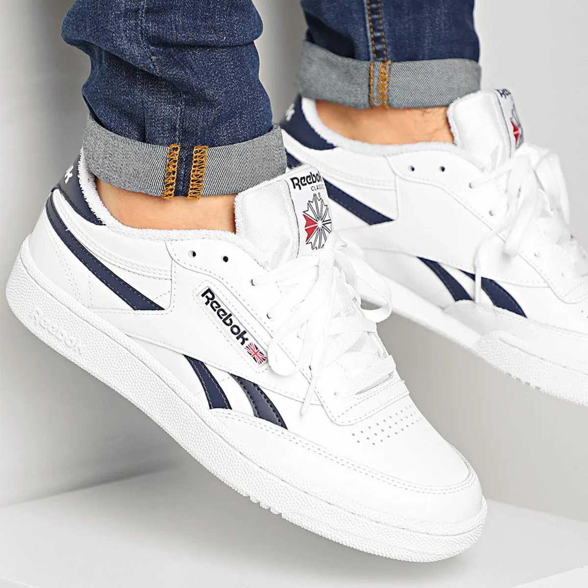 REEBOK CLUB C REVENGE WHITE / BLACK  WHITE BLUE LEATHER SNEAKERS SHOES