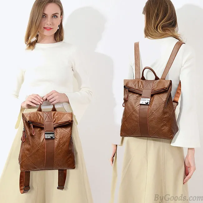 RETRO BROWN MULTIFUNCTION HANDBAG PU COLLEGE BACKPACK