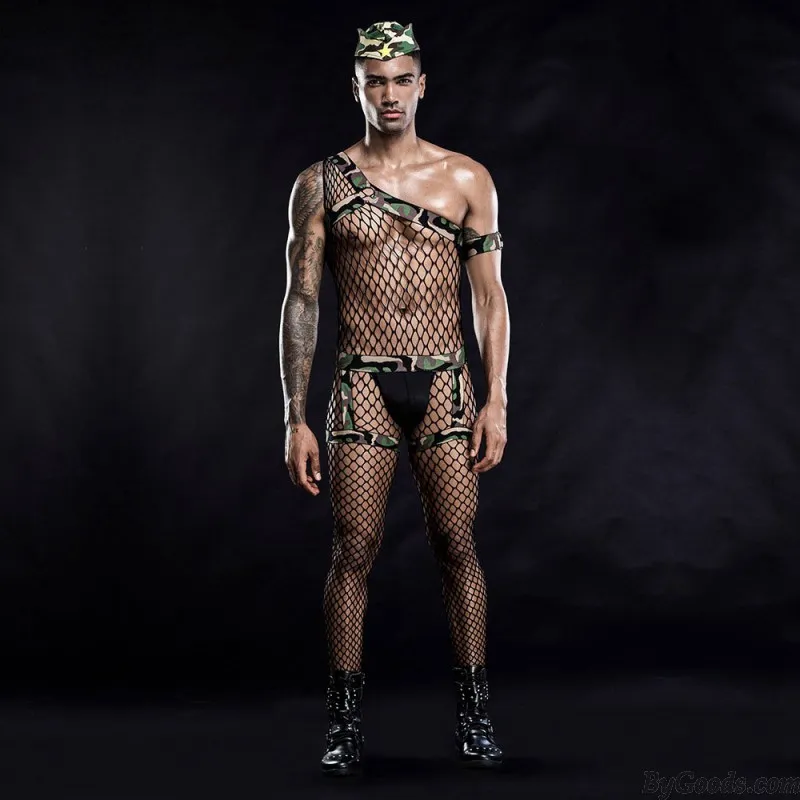 Sexy Hollow Out Fishnet Bodysuit Cosplay Outfits Bodystocking Tightly Men's Camouflage Leotard Lingerie