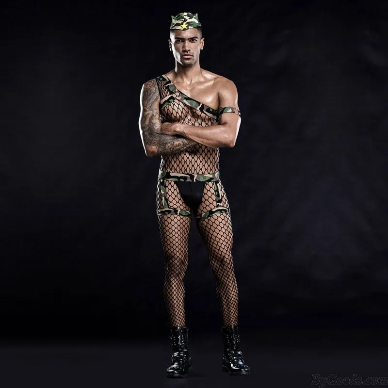 Sexy Hollow Out Fishnet Bodysuit Cosplay Outfits Bodystocking Tightly Men's Camouflage Leotard Lingerie
