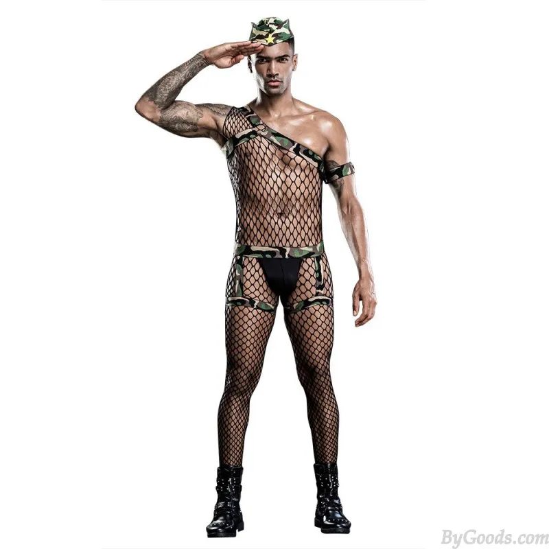 Sexy Hollow Out Fishnet Bodysuit Cosplay Outfits Bodystocking Tightly Men's Camouflage Leotard Lingerie