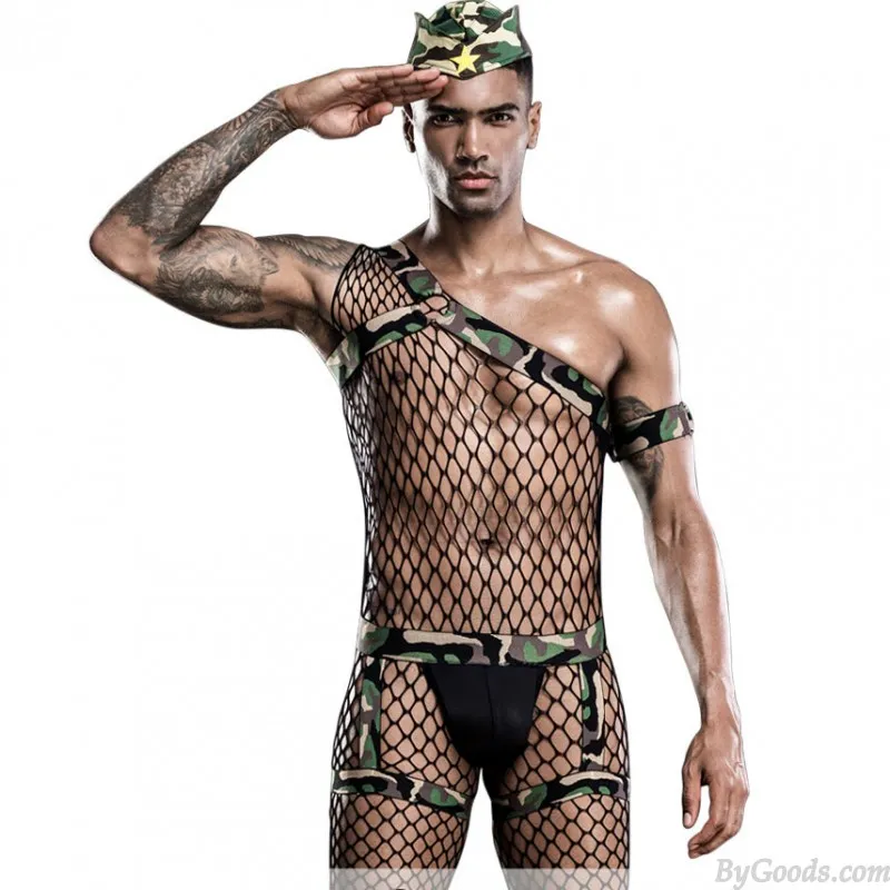 Sexy Hollow Out Fishnet Bodysuit Cosplay Outfits Bodystocking Tightly Men's Camouflage Leotard Lingerie