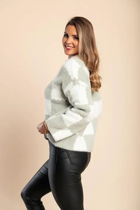 Suéter suave con estampado de cuadros, gris