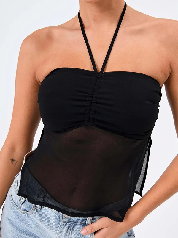 Top bandeau halter de color liso con correa de malla