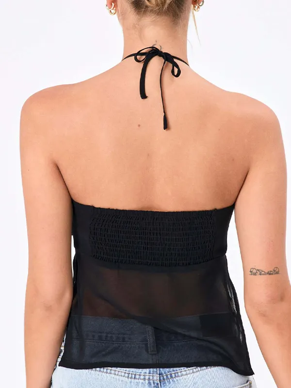 Top bandeau halter de color liso con correa de malla