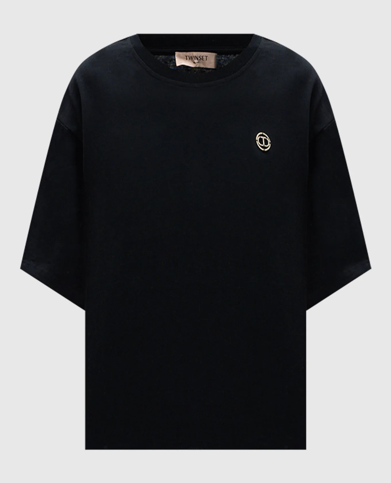 TWINSET BLACK TSHIRT WITH A METALLIC OVAL T LOGO WITH CRYSTALS