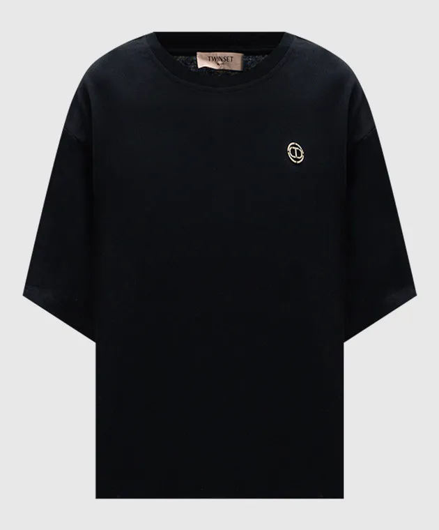TWINSET BLACK TSHIRT WITH A METALLIC OVAL T LOGO WITH CRYSTALS