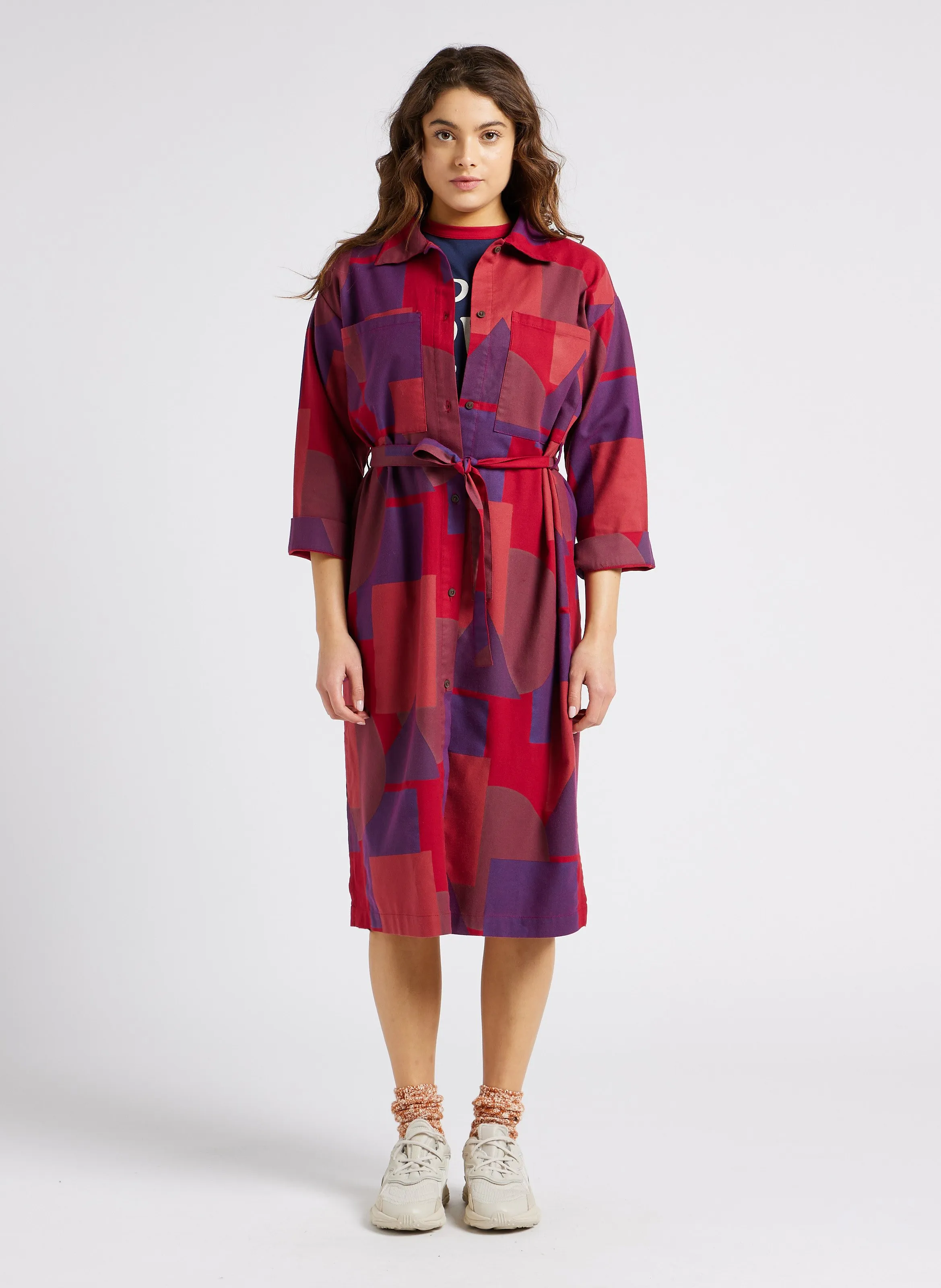 Vestido midi de algodón estampado con cuello clásico en multicolor
