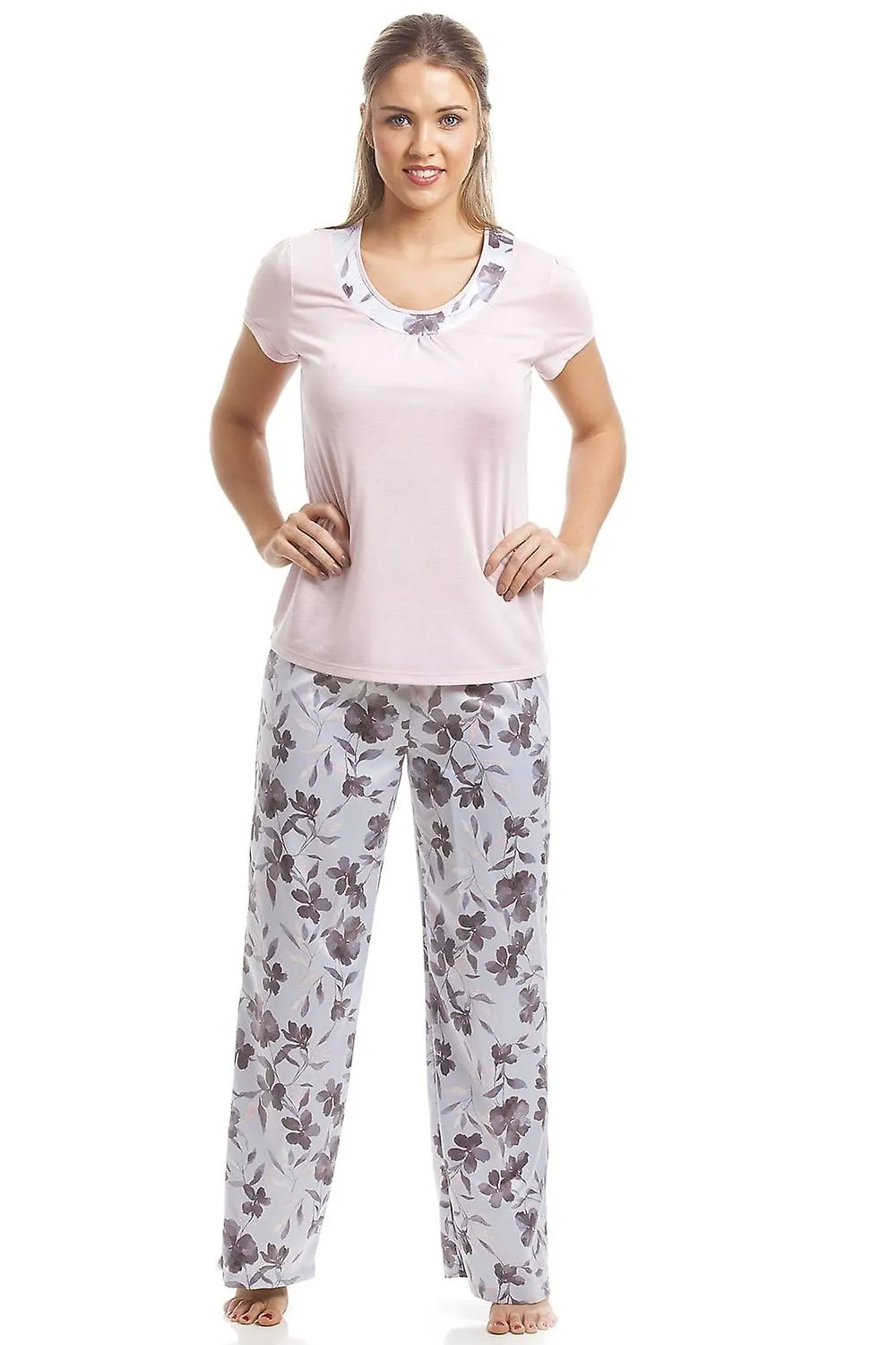WOMEN'S CAMILLE WOMEN'S PYJAMA SET PINK FLORAL PRINT SHORT SLEEVE LADIES NIGHTWEAR  12